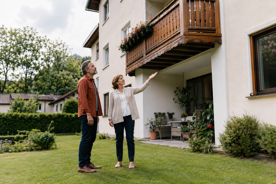 Symbolisches Gespräch mit einer Wohnungseigentümerin am Wohnhaus